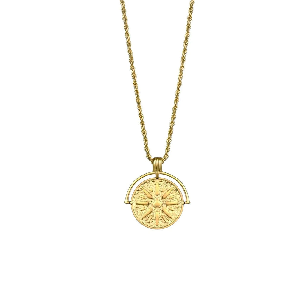 Titanium steel sunflower round embossed pendant necklace with adjustable hemp flowers chain in gold colour
