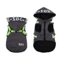 Red fleece-lined waterproof dog jacket with hood for winter wear on medium-sized dog