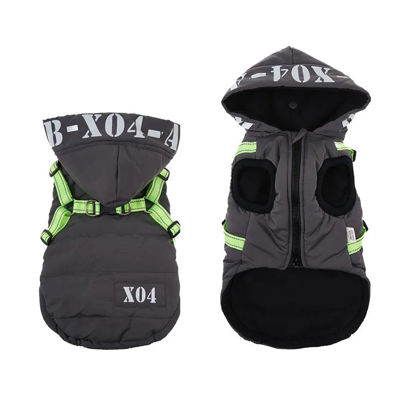 Red fleece-lined waterproof dog jacket with hood for winter wear on medium-sized dog