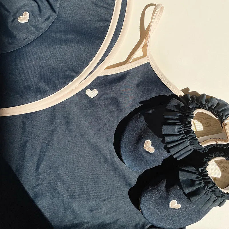 Dark blue split baby swimsuit for girls aged 1-6 years in briefs style