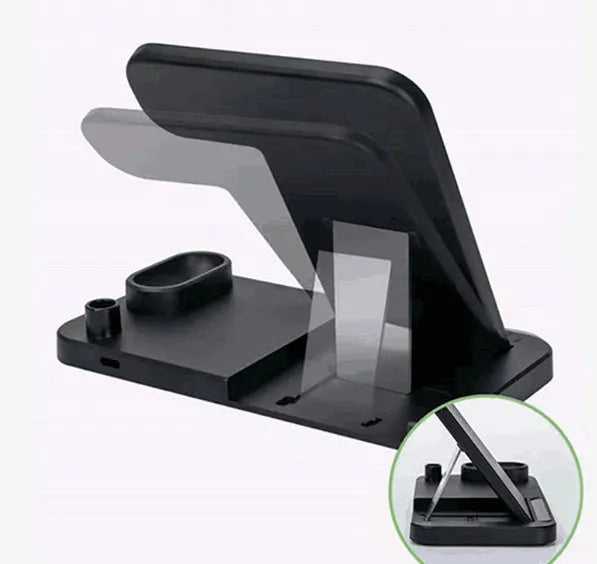 4-in-1 wireless charging station showing phone, Apple Watch, AirPods and pencil charging simultaneously on adjustable stand