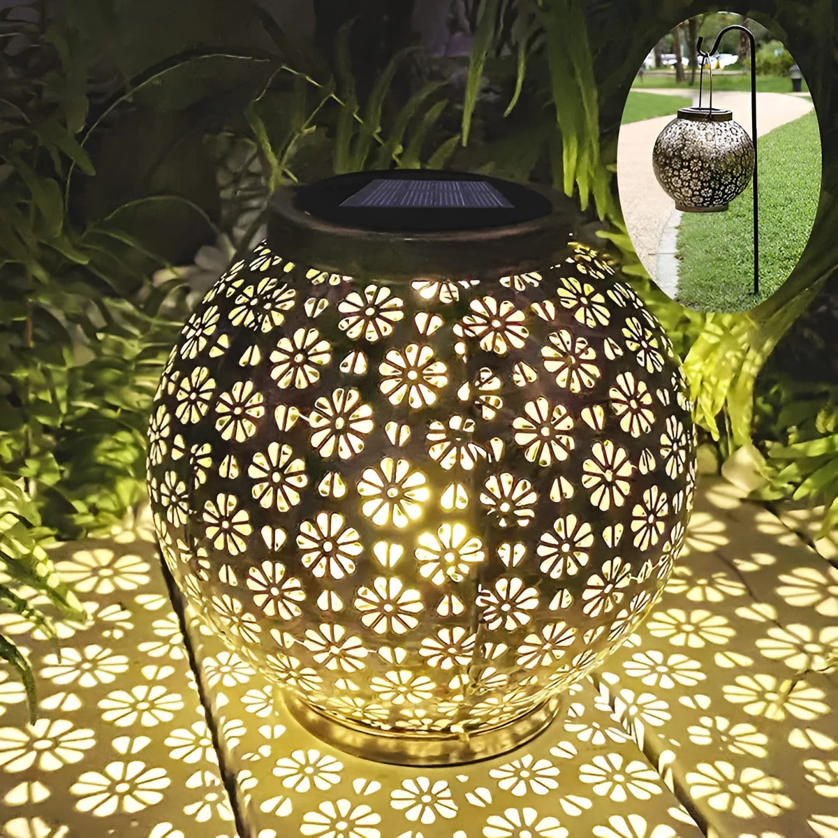 Solar wrought iron hollow flower projection lamp with warm white LED light and shadow pattern on grass