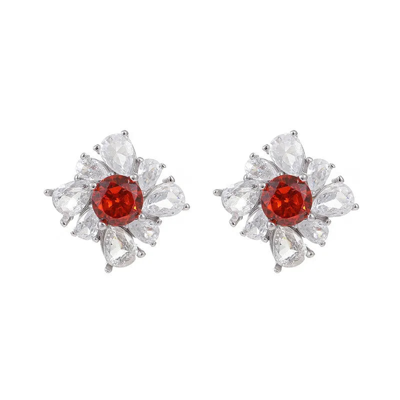 Retro red U-shaped and quadrilateral drop earrings in 925 silver with white gold colour electroplating for women