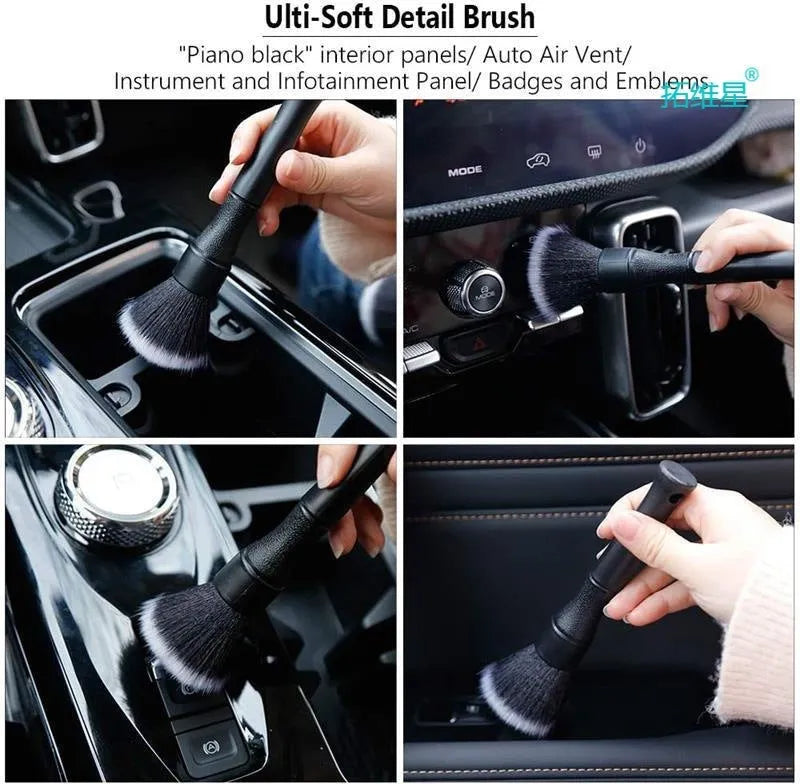 Black ultra-soft pig hair car detailing brush with PP plastic handle on a car seat.