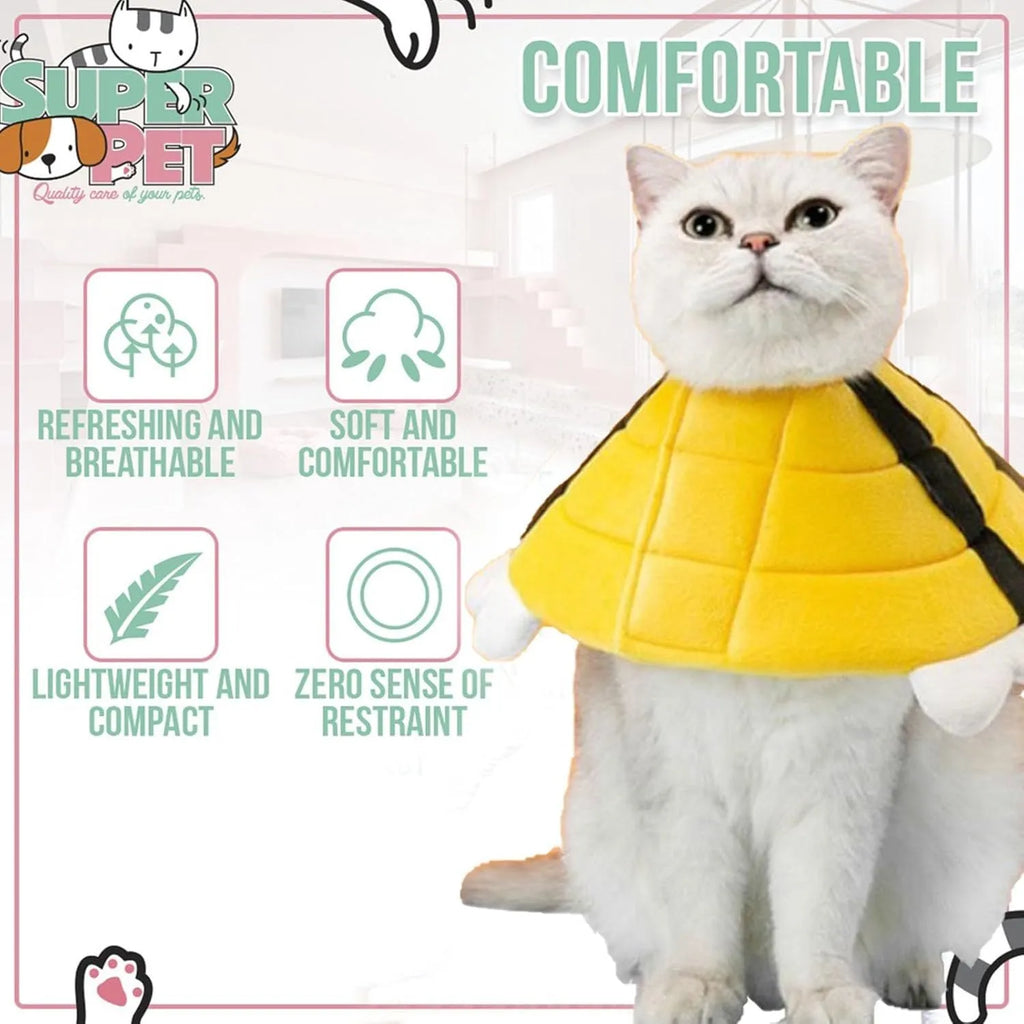 Soft cat cone collar with bee design showing Velcro closure and wide protective shape