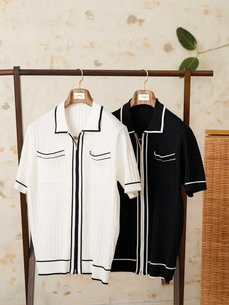 Slim black elastic lapel polo shirt with short sleeves on a hanger.