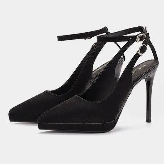 Black waterproof platform stiletto heels with pointed toe, suede or satin finish, 8cm to 12cm heel