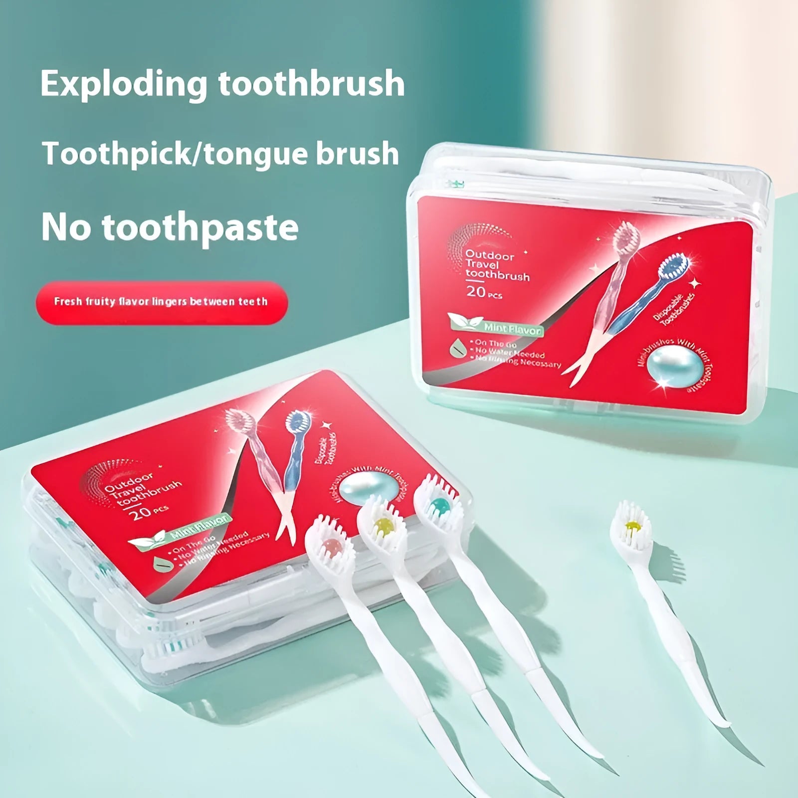 Box of 20 disposable bead toothbrushes with coloured packaging indicating mint, peach, and plum green tea flavours.