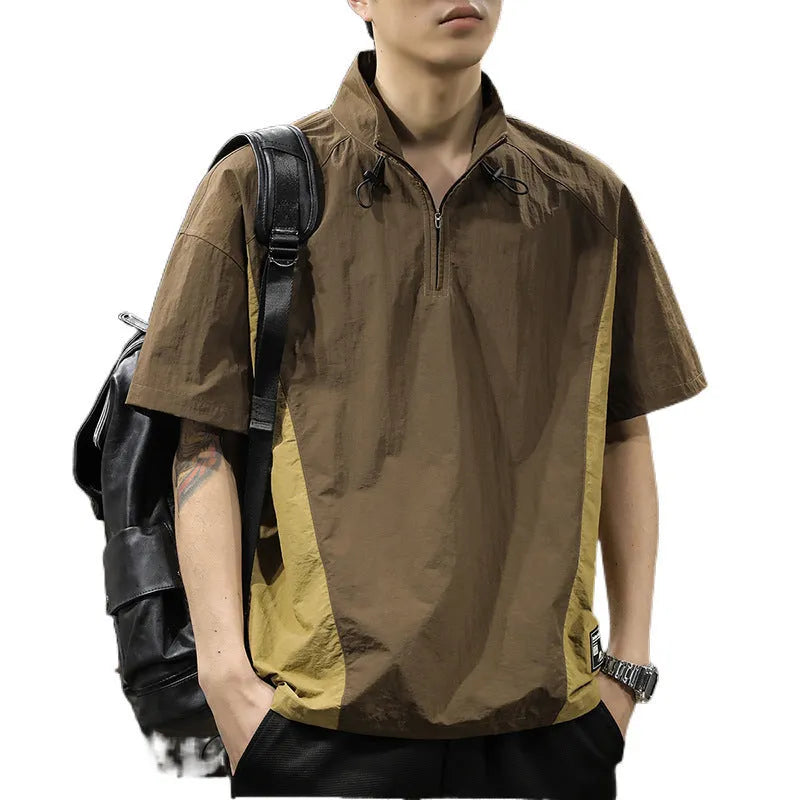 Men's brown half zip stand collar shirt with short sleeves and loose fit for summer business casual wear