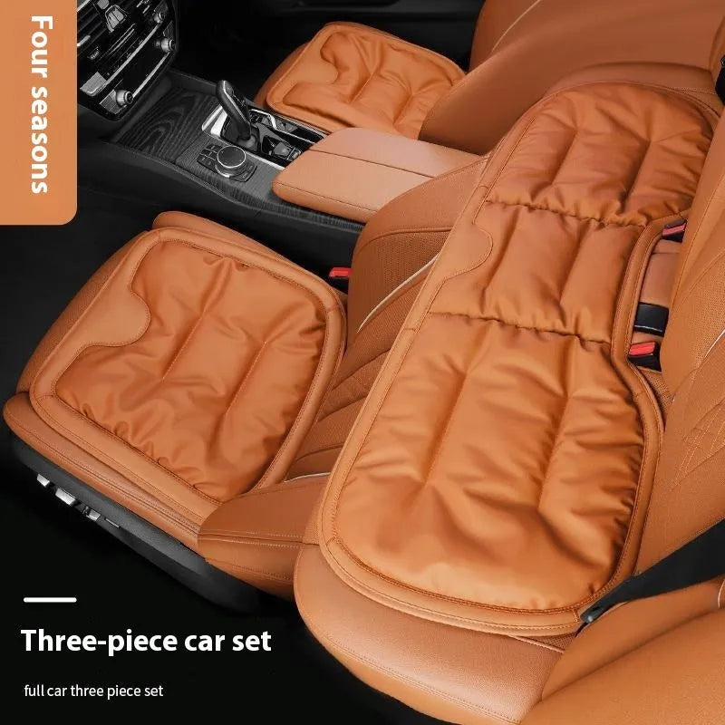 Anti-fouling leather car seat cushion in three-piece set for front and rear seats, colour option shown