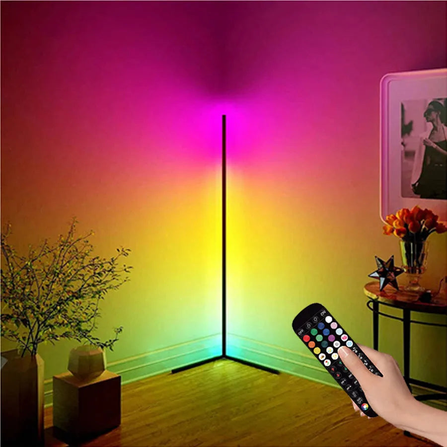 Black RGB atmosphere floor lamp with silicone shade and aluminum alloy body featuring music sync LED lighting