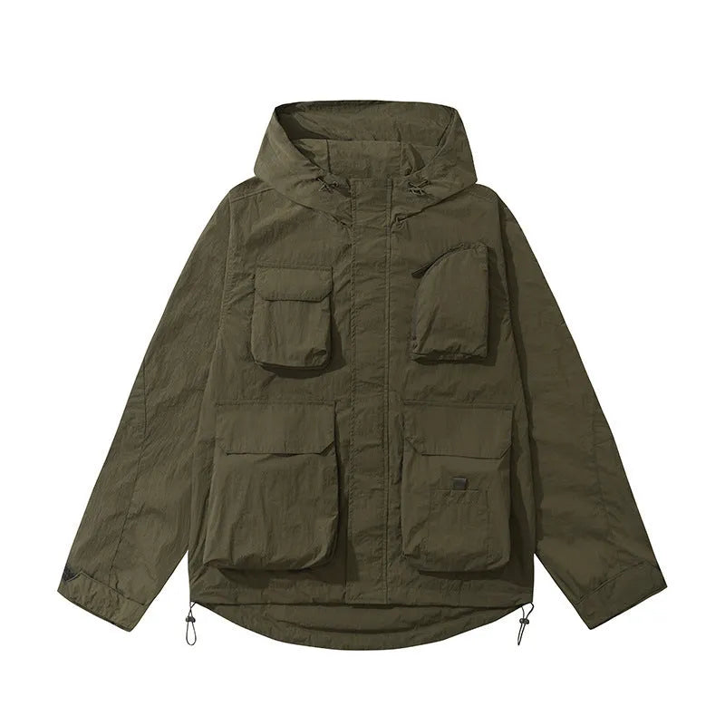 Korean style synthetic fibre blend teen jacket with 3D patch pocket in black, green, beige options, sizes S to 3XL