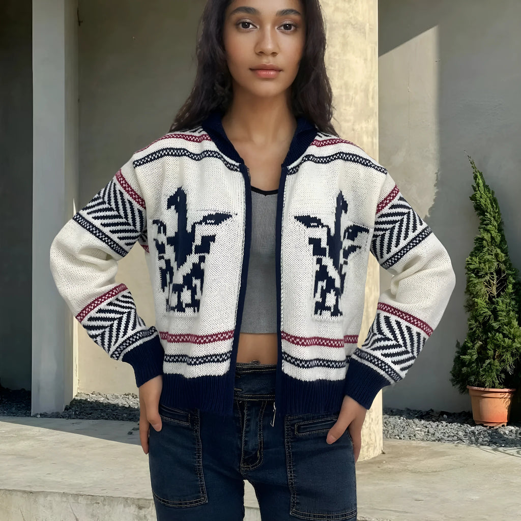White women's jacquard zip cardigan with lapel collar and contrast colour striping