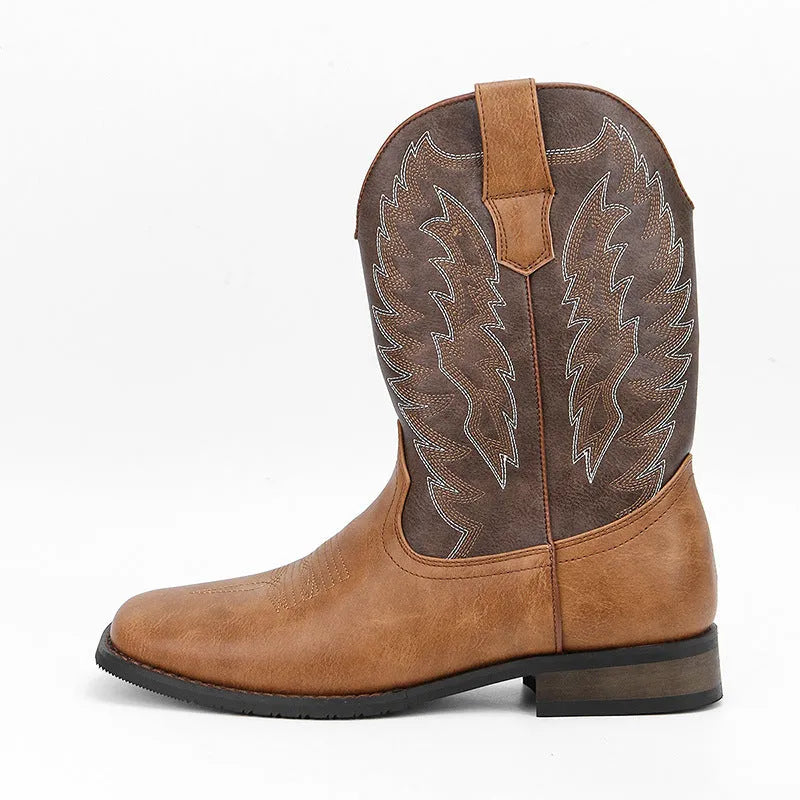 Men's western denim square toe motorcycle boots in artificial leather with low wedge heel