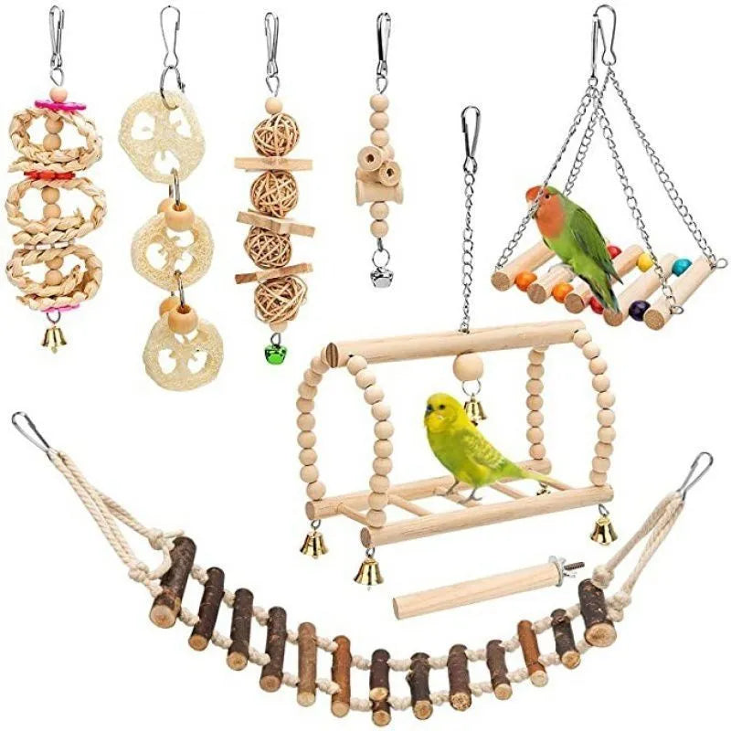 8-piece wooden parrot bite toy set with log, swing, ring, bell and string elements for small and medium birds