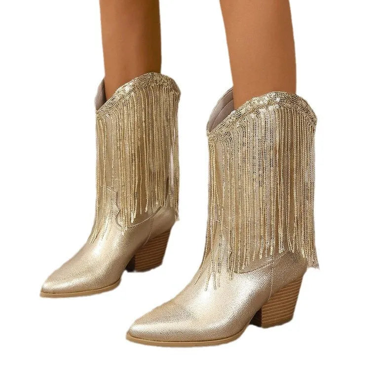 Women's retro chunky heel pleated western knee boots in artificial PU leather, low heel 1-3cm, pointed toe, solid colour