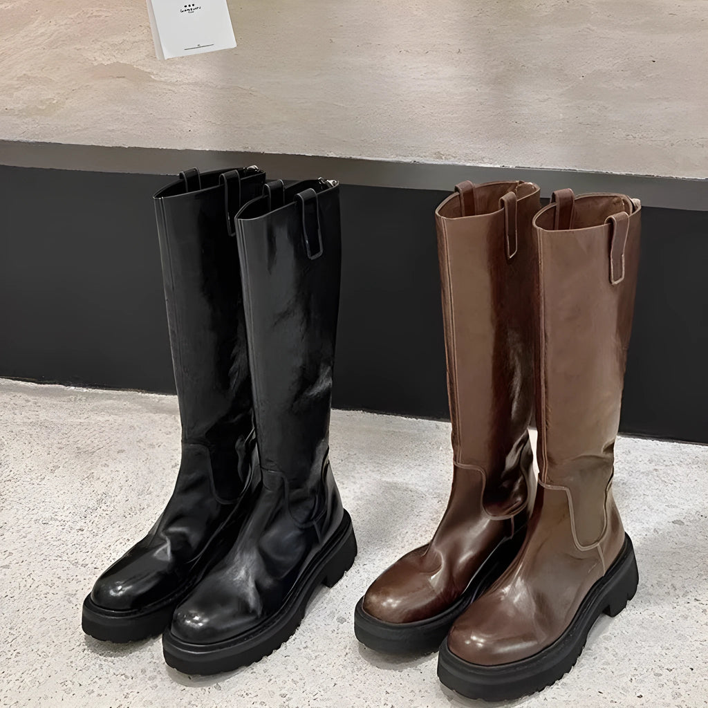 Round head thick bottom chunky heel long tube knight boots in black with back zipper