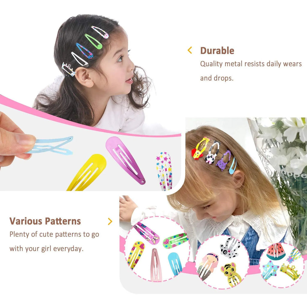 Assortment of 100 metal snap hair clips showing animal, fruit, crown, star, and flower designs.