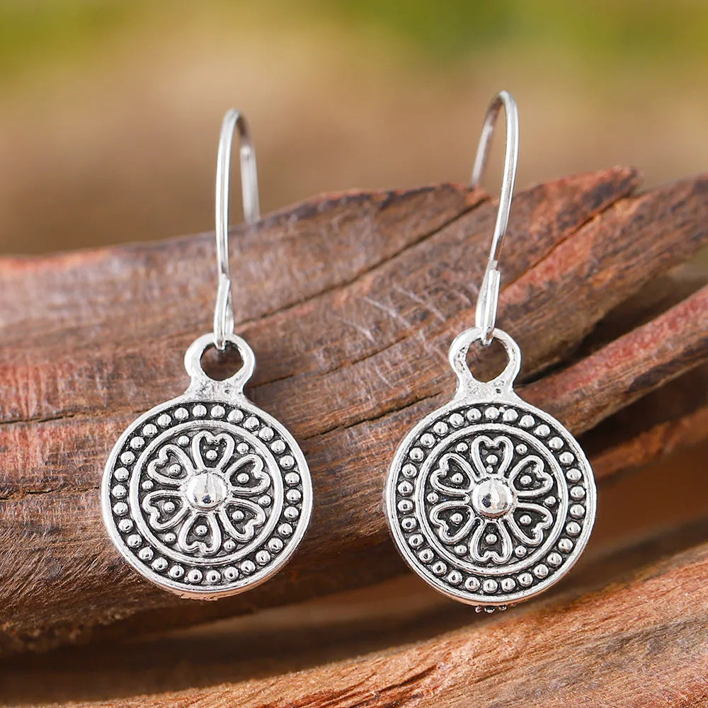 Bohemian style retro round print distressed ethnic earrings with geometric shapes in zinc alloy