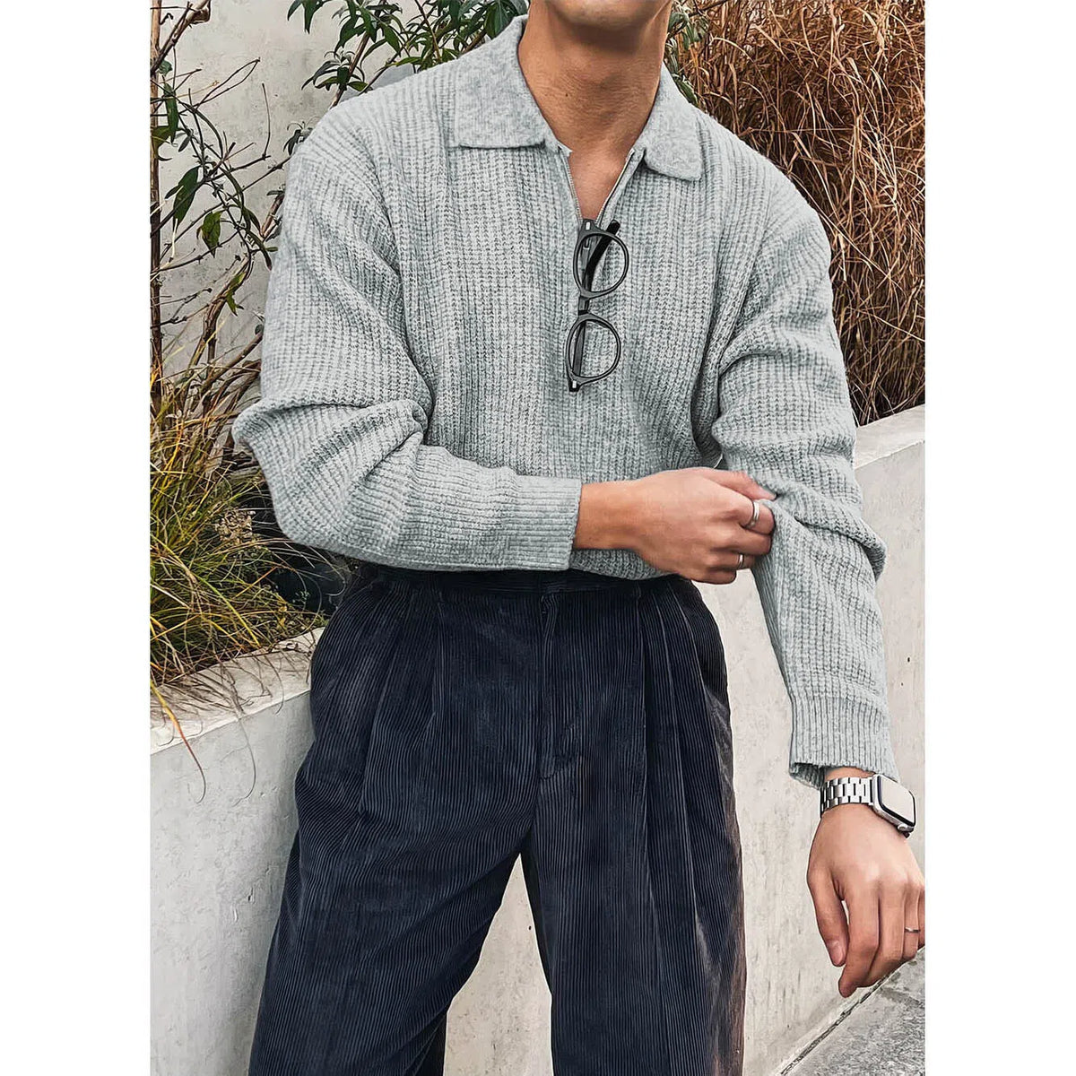 Men's half-zip knitted jacket in black or gray, ice silk polyester, slim fit, turn-down collar, sizes M to XXXL