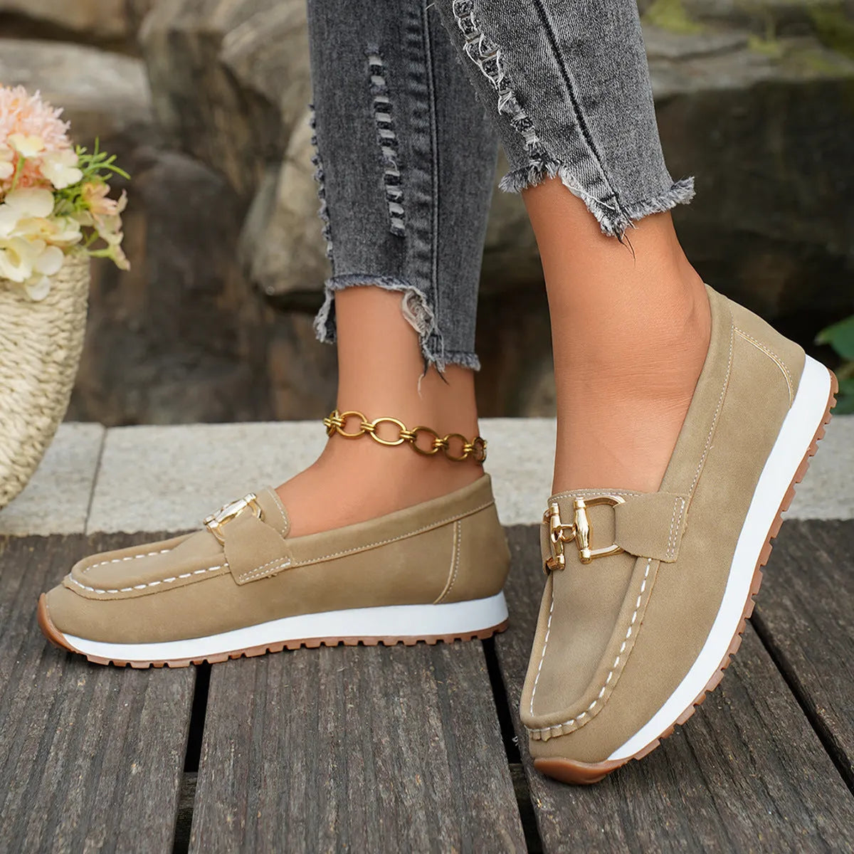 Women's casual sports shoes suede low top pump solid colour khaki flat heel round toe leather stitching