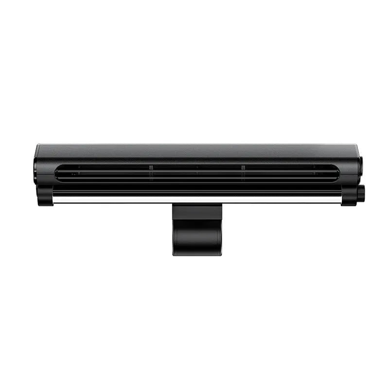 Black bladeless desk fan with screen clamp and LED lighting lamp attached to computer monitor