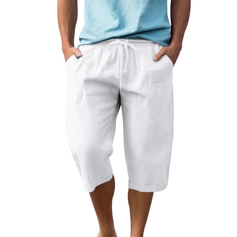 Men's loose linen cropped casual shorts with high drawstring waist in solid colours, sizes S to XXXL