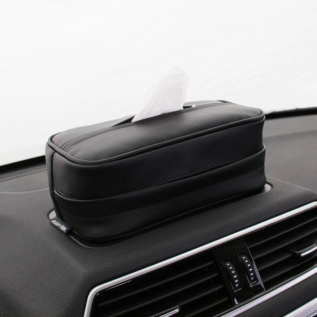 Black and beige PU leather hanging organiser box for car or home storage.