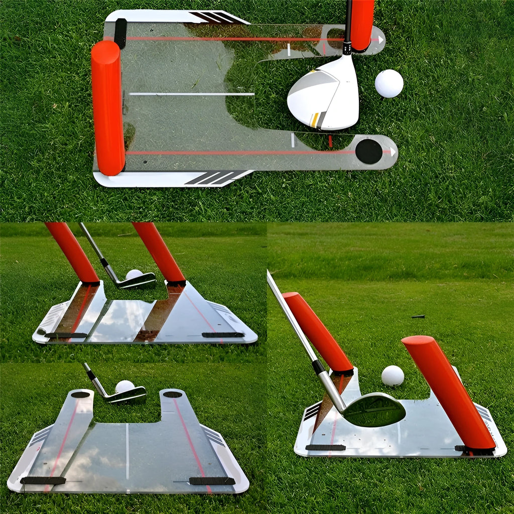 Red plastic putting practice mirror for golf alignment training on grass