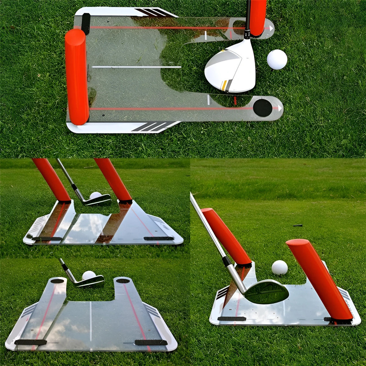 Red plastic putting practice mirror for golf alignment training on grass