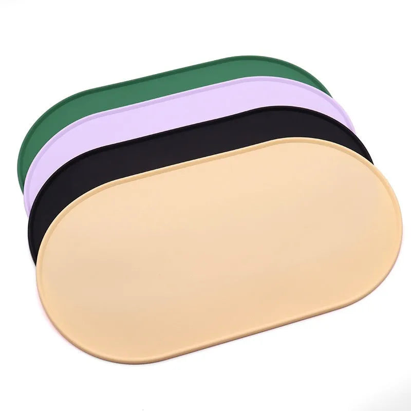 Silicone waterproof cat feeding placemat in beige colour showing placement beneath food bowl
