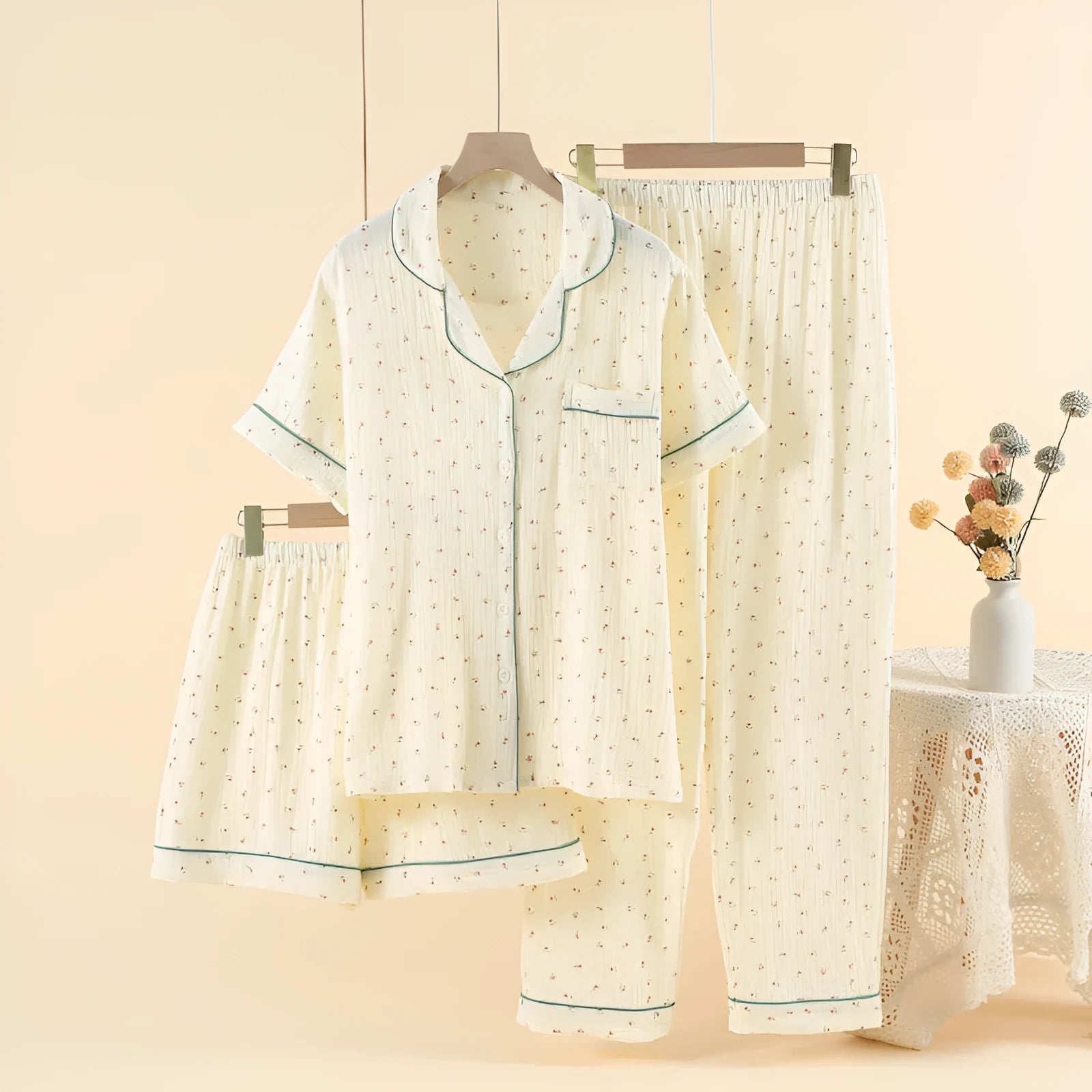 Women's cotton three-piece pyjama set with lapel collar in garden gold colour