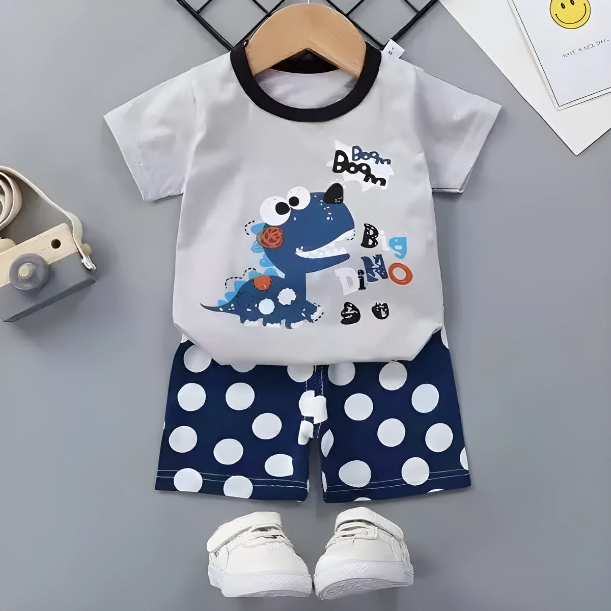 Baby short-sleeved cotton shirt and shorts set, thin pullover, patterns include animal stripe plaid cartoon Avatar letter, 90-120cm