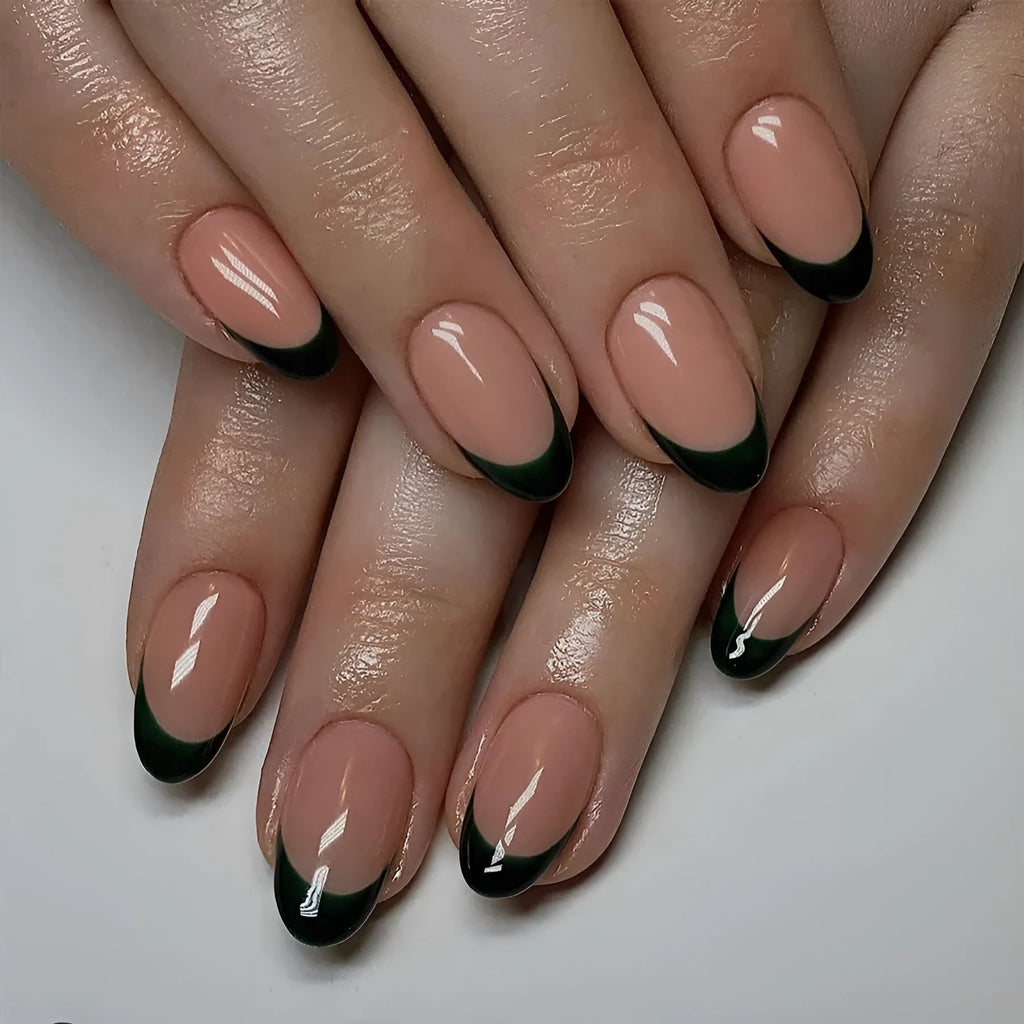 24 black French style false nails with short almond shape arranged on a card