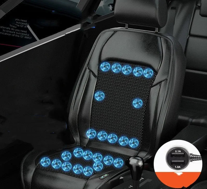Black ventilated car seat cushion with multiple cooling fans, connected to a 12V car plug.