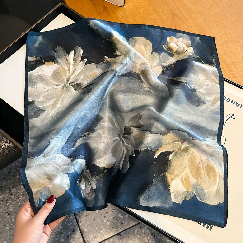 Blue mulberry silk square scarf with tie-dye pattern, 53x53cm, worn as neck wrap
