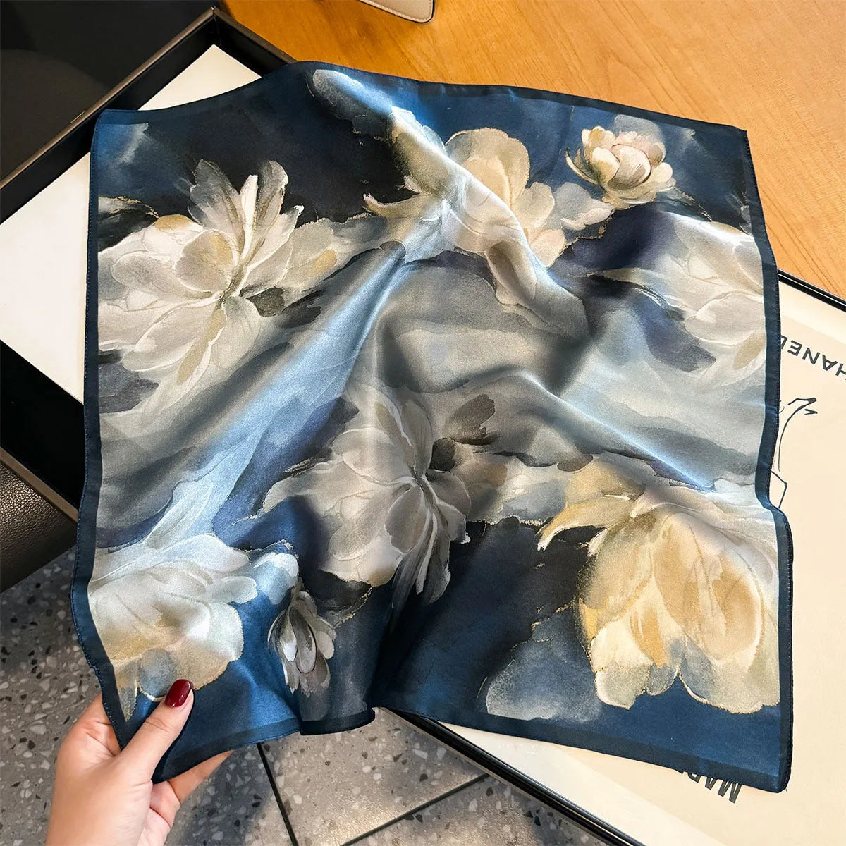 Blue mulberry silk square scarf with tie-dye pattern, 53x53cm, worn as neck wrap