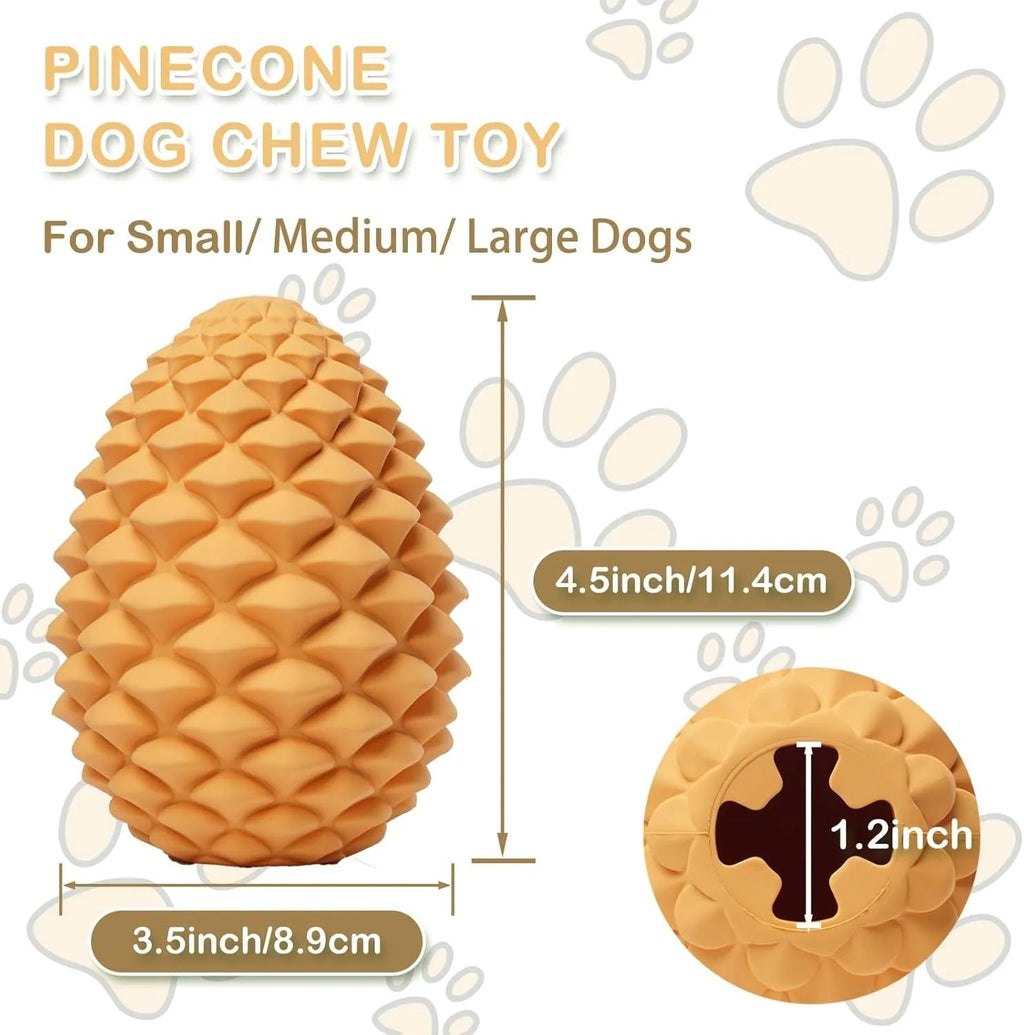 Yellow pine cone shaped natural rubber dog toy with textured surfaces and treat dispenser