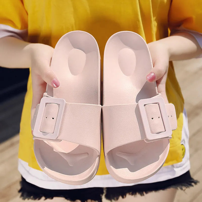 Women's buckle flip-flop slippers in multiple colours with soft EVA sole