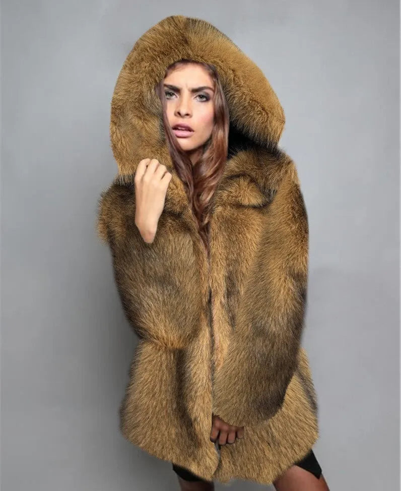 Silver grey artificial fur coat with 65cm length and loose fit on hanger