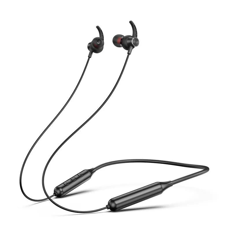 Magnetic sucker neck sports Bluetooth headset in black with necklace-style band and earbuds clipped together