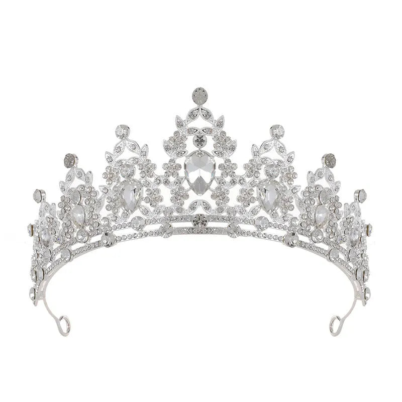 Baroque bridal crown headdress with rhinestones on alloy frame in silver and gold colour options