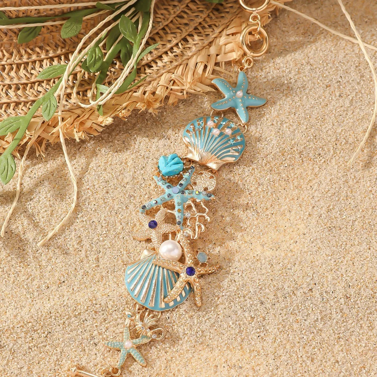 Alloy rhinestone bracelet with marine boat anchor design and starfish elements in turquoise finish