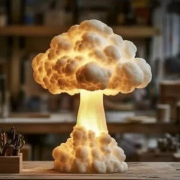 Atomic bomb mushroom cloud shaped USB table lamp on a table