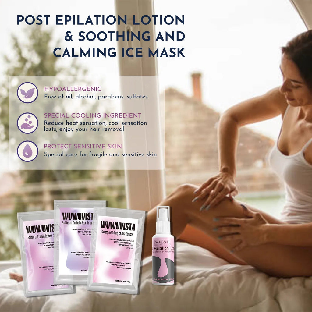 Professional waxing kit with wax warmer, pots of hard wax beans, applicator sticks, post-care lotion, and ice masks.