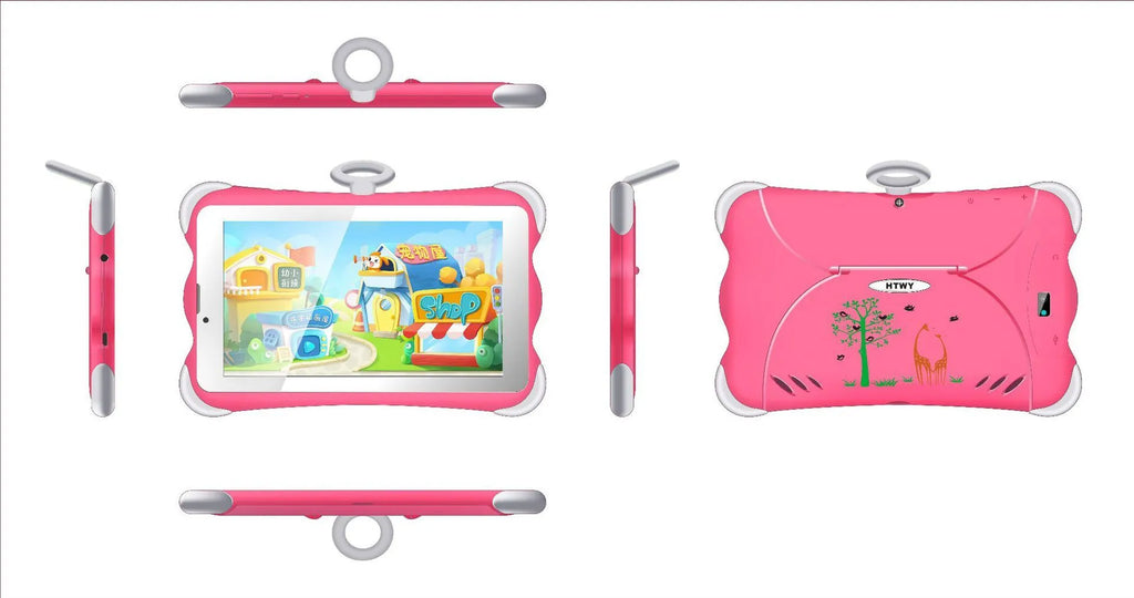 7-inch children's learning tablet in cartoon colours with integrated stand showing on-screen educational content