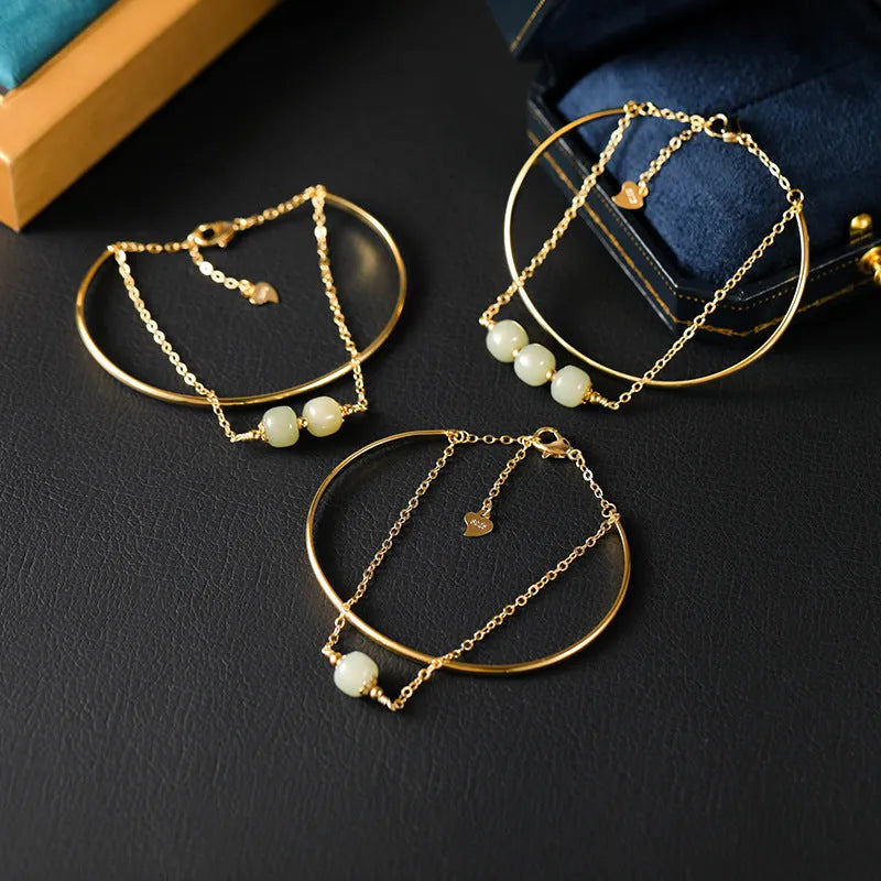 Jade lucky beads bracelet for women with gold inlay decoration, showing single, double, and three beads version options.