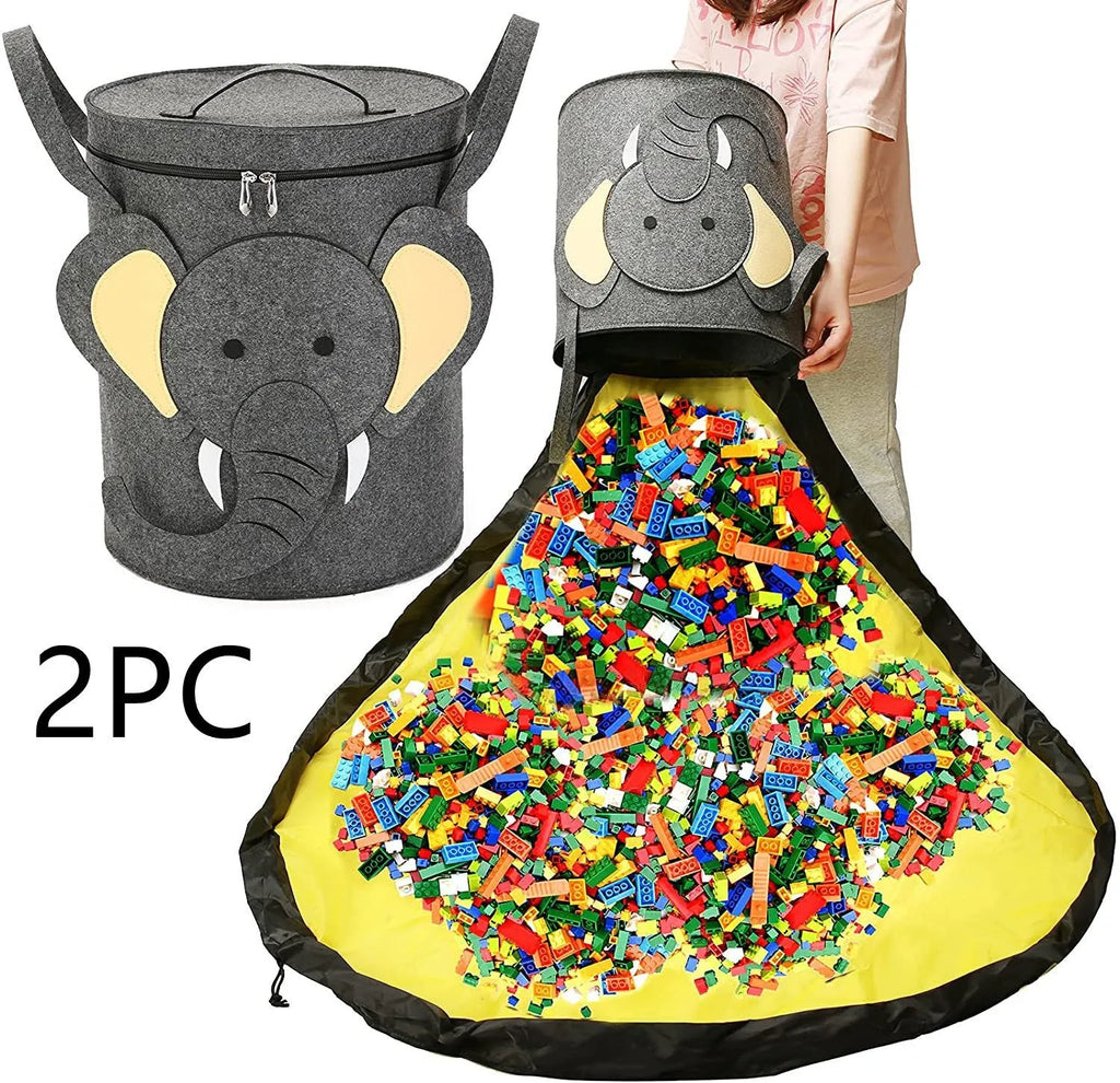 Green felt cube storage bag open as a play mat next to toys, showing pull rope closure