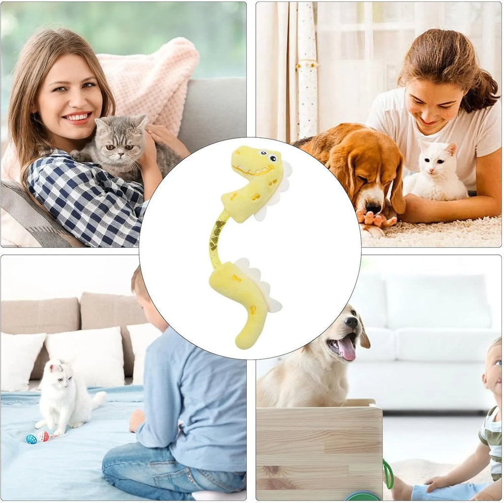 Set of four colourful cat toys including rope, springs, and plush kickers on a white background.