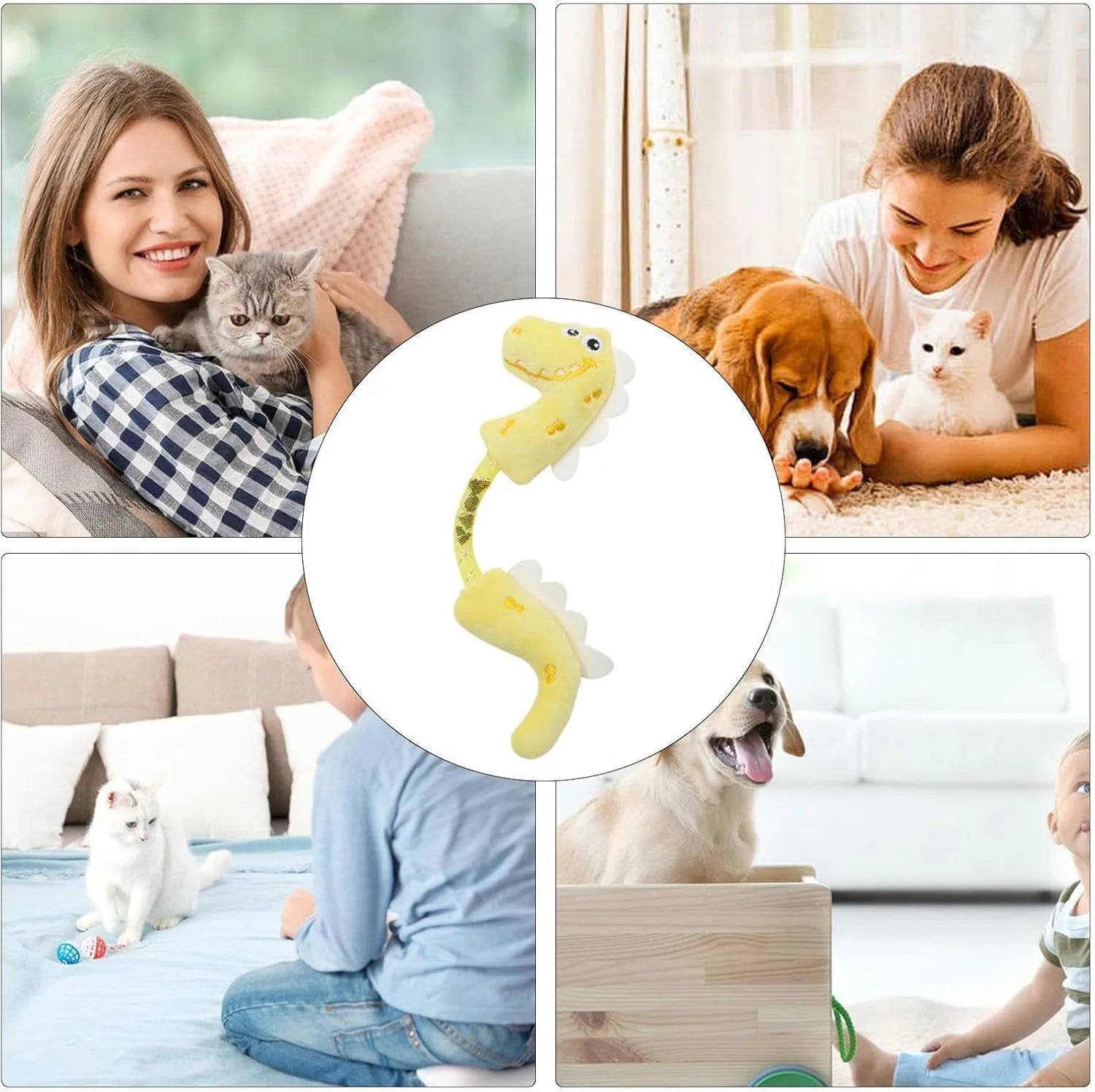 Set of four colourful cat toys including rope, springs, and plush kickers on a white background.